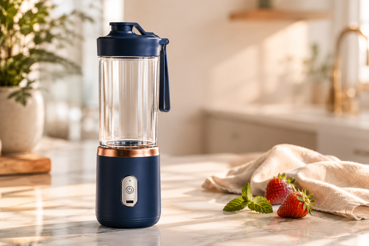 WHRL portable blender in Midnight Navy on a marble countertop