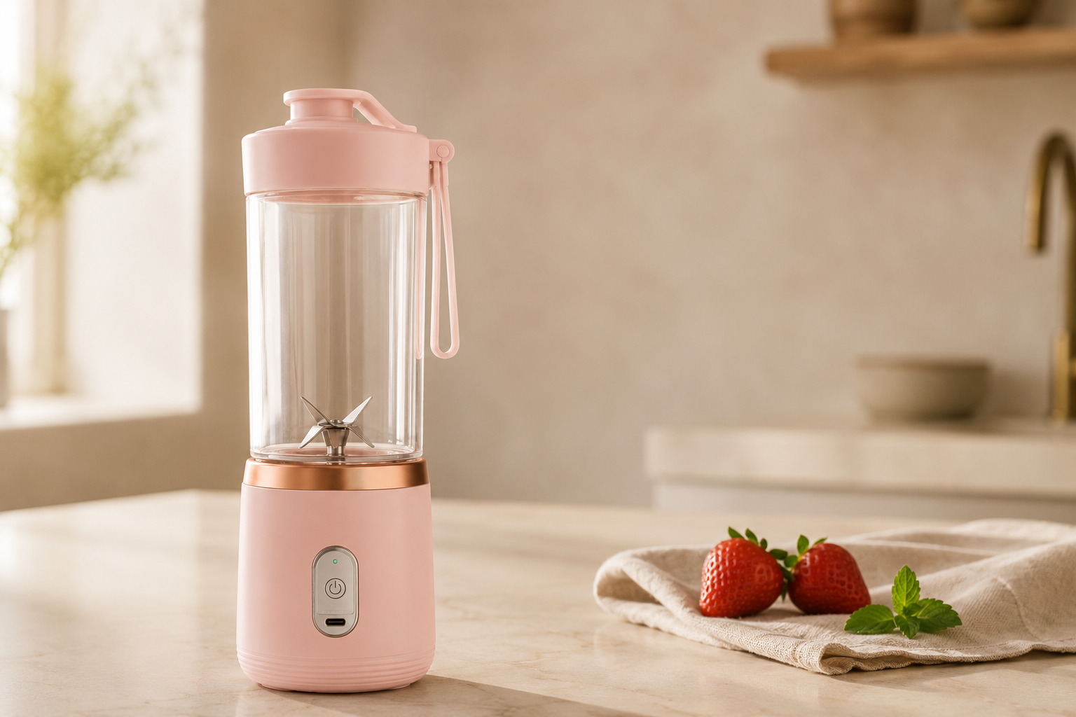 WHRL portable blender in Blush on a marble countertop
