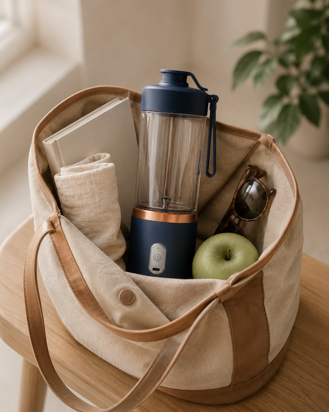 WHRL packed in a tote bag with a notebook, sunglasses, and an apple